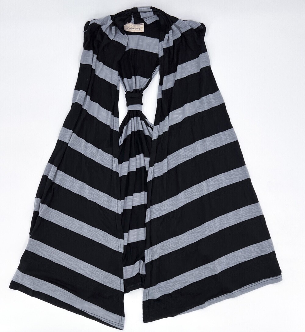 Ambiance Cardigan Womens Large Black Gray Striped Open Sleeveless